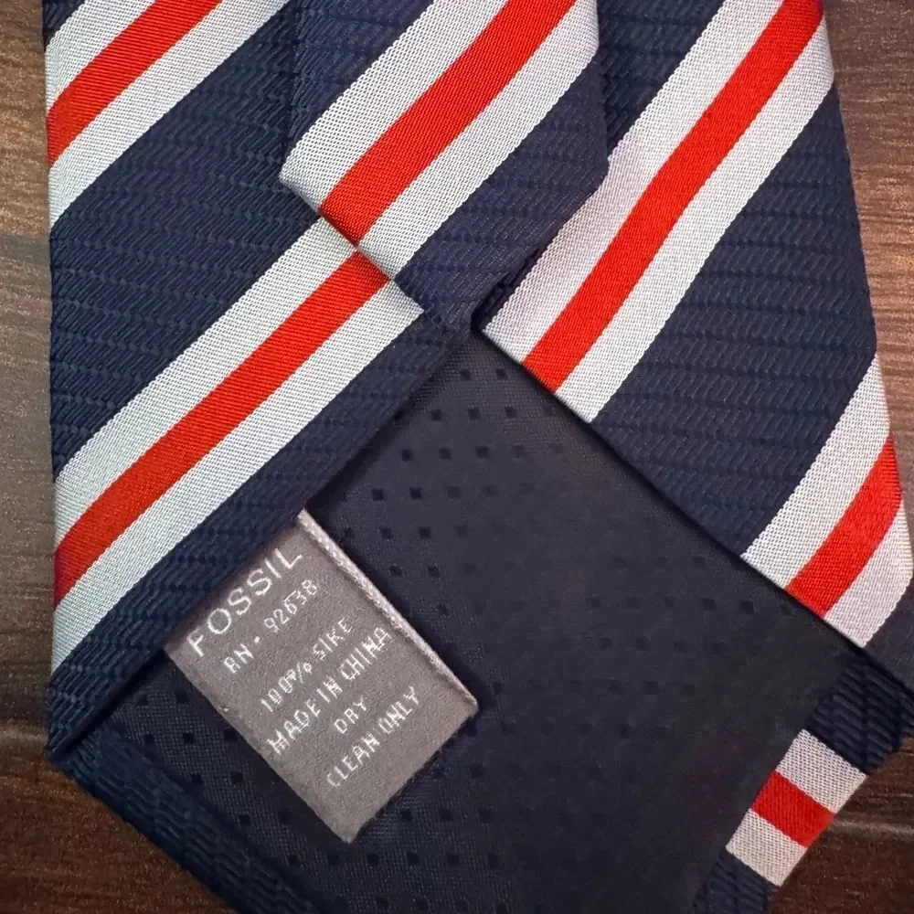 FOSSIL 100% Silk Classic Blue and Red Striped Tie for Formal Occasions